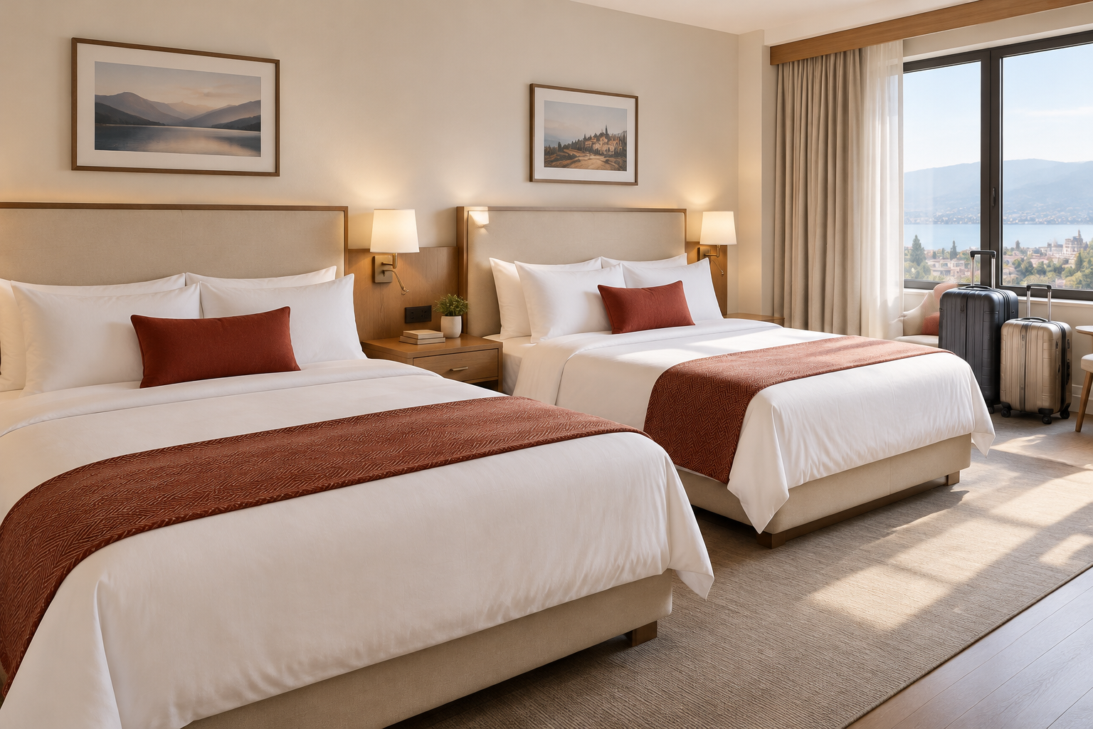 Two beds with white bedding in a bright hotel room