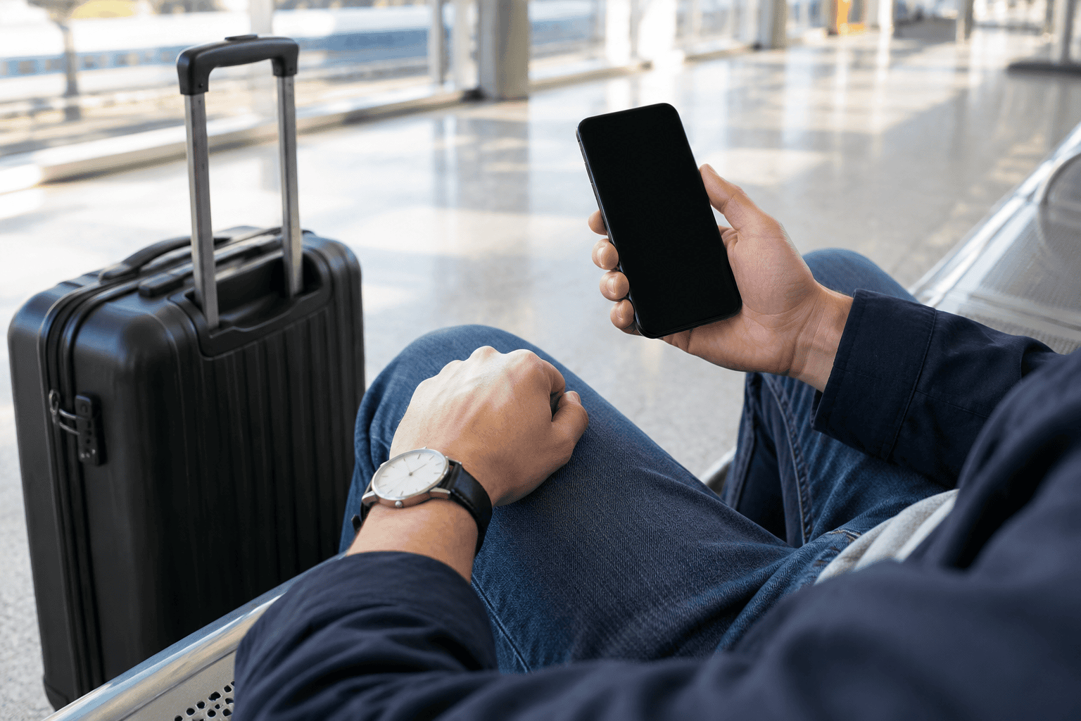 Seated person in a navy jacket and jeans holds a blank-screen smartphone beside a black suitcase, with a wristwatch on their resting hand